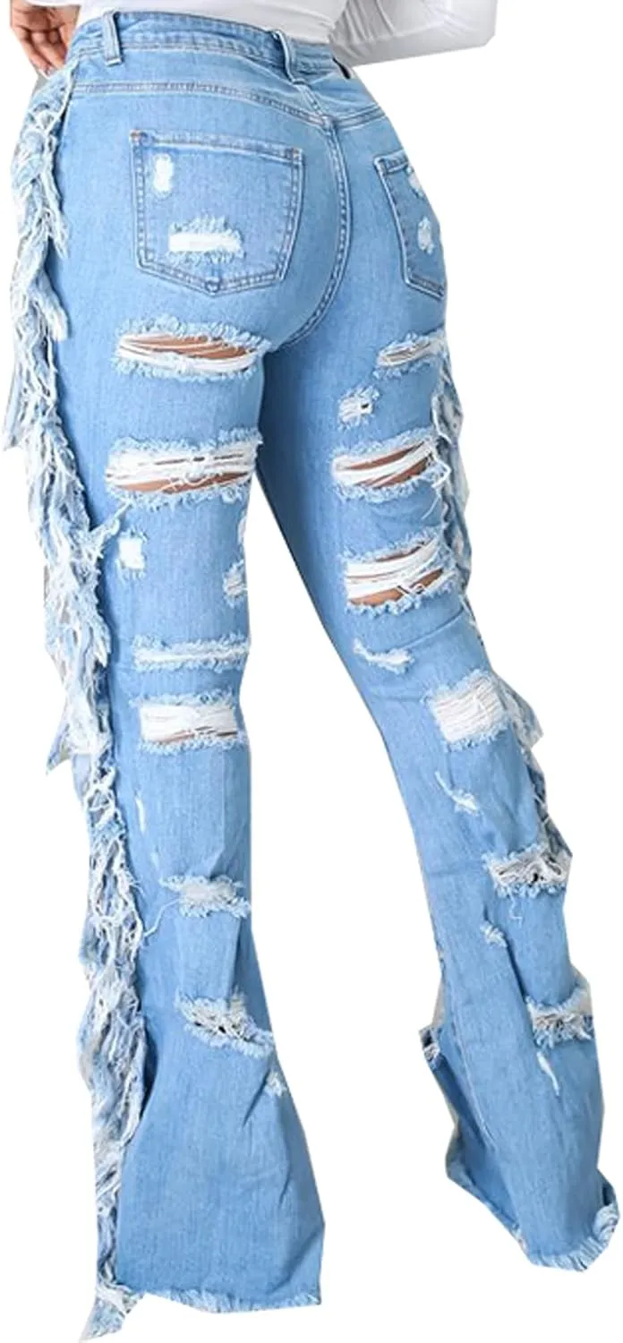 SeNight Women Bell Bottom Jeans Elastic Waist Ripped Flared Jean Destroyed Raw Hem Denim Pants