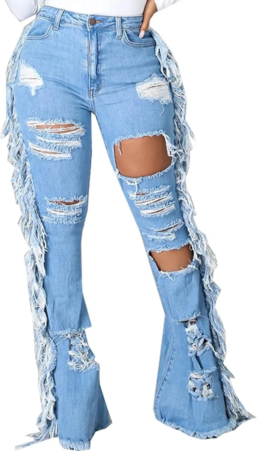 SeNight Women Bell Bottom Jeans Elastic Waist Ripped Flared Jean Destroyed Raw Hem Denim Pants
