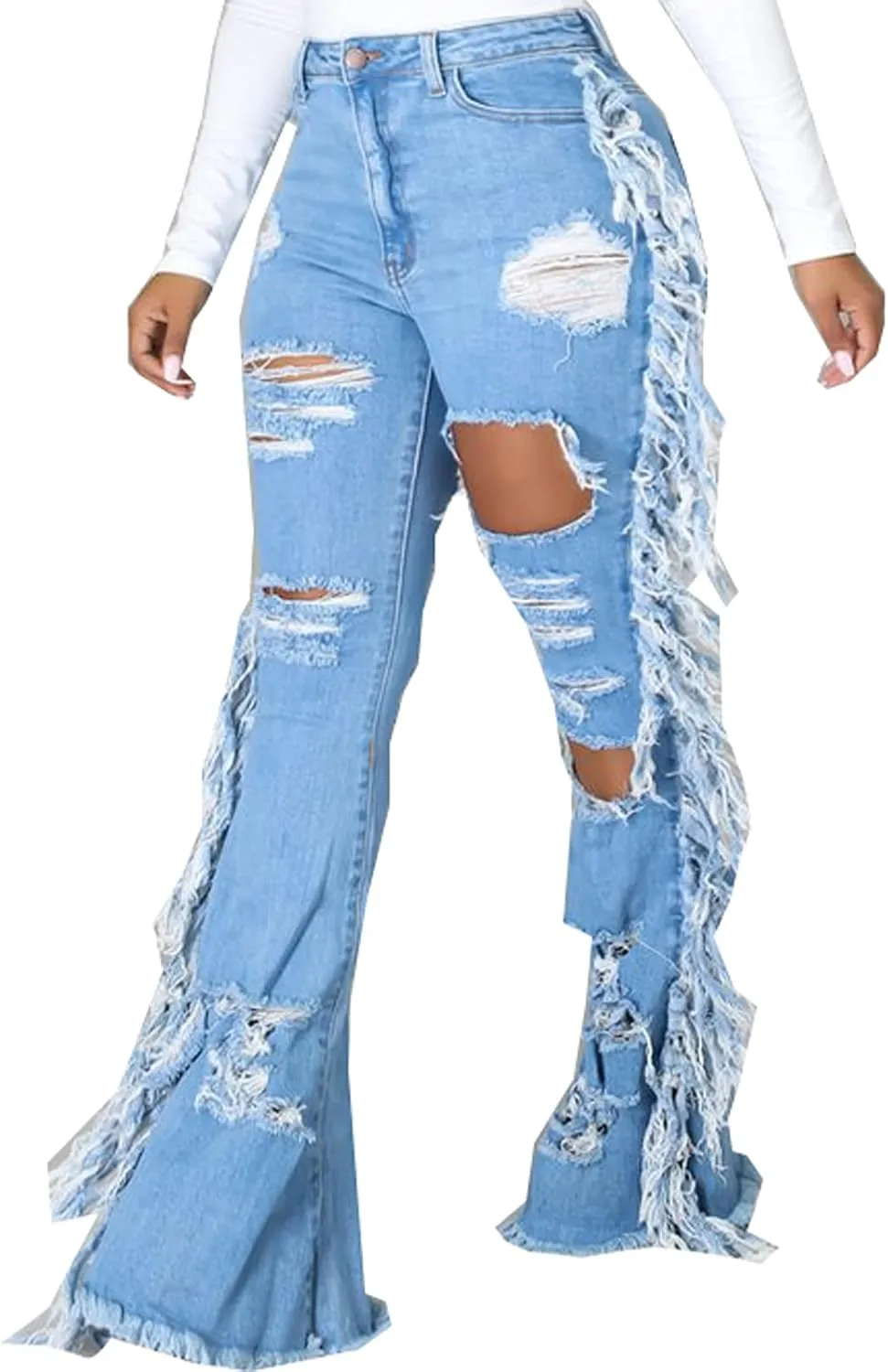 SeNight Women Bell Bottom Jeans Elastic Waist Ripped Flared Jean Destroyed Raw Hem Denim Pants