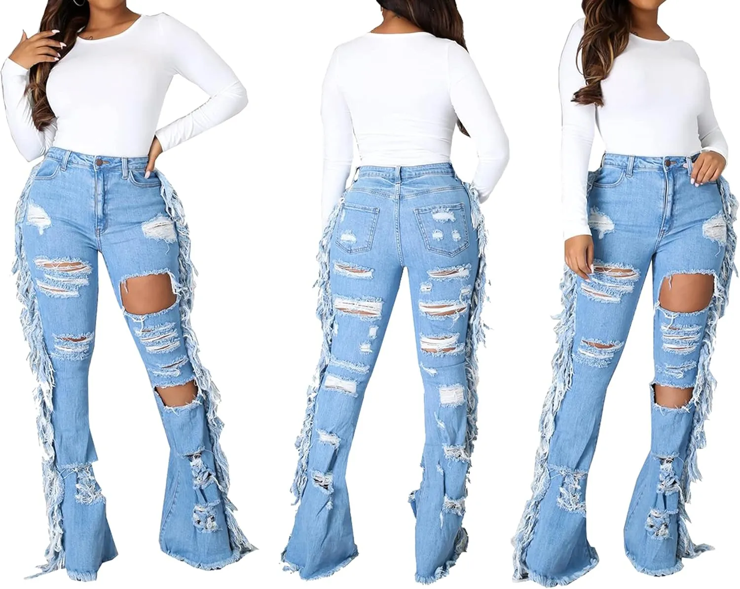 SeNight Women Bell Bottom Jeans Elastic Waist Ripped Flared Jean Destroyed Raw Hem Denim Pants