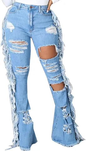 SeNight Women Bell Bottom Jeans Elastic Waist Ripped Flared Jean Destroyed Raw Hem Denim Pants
