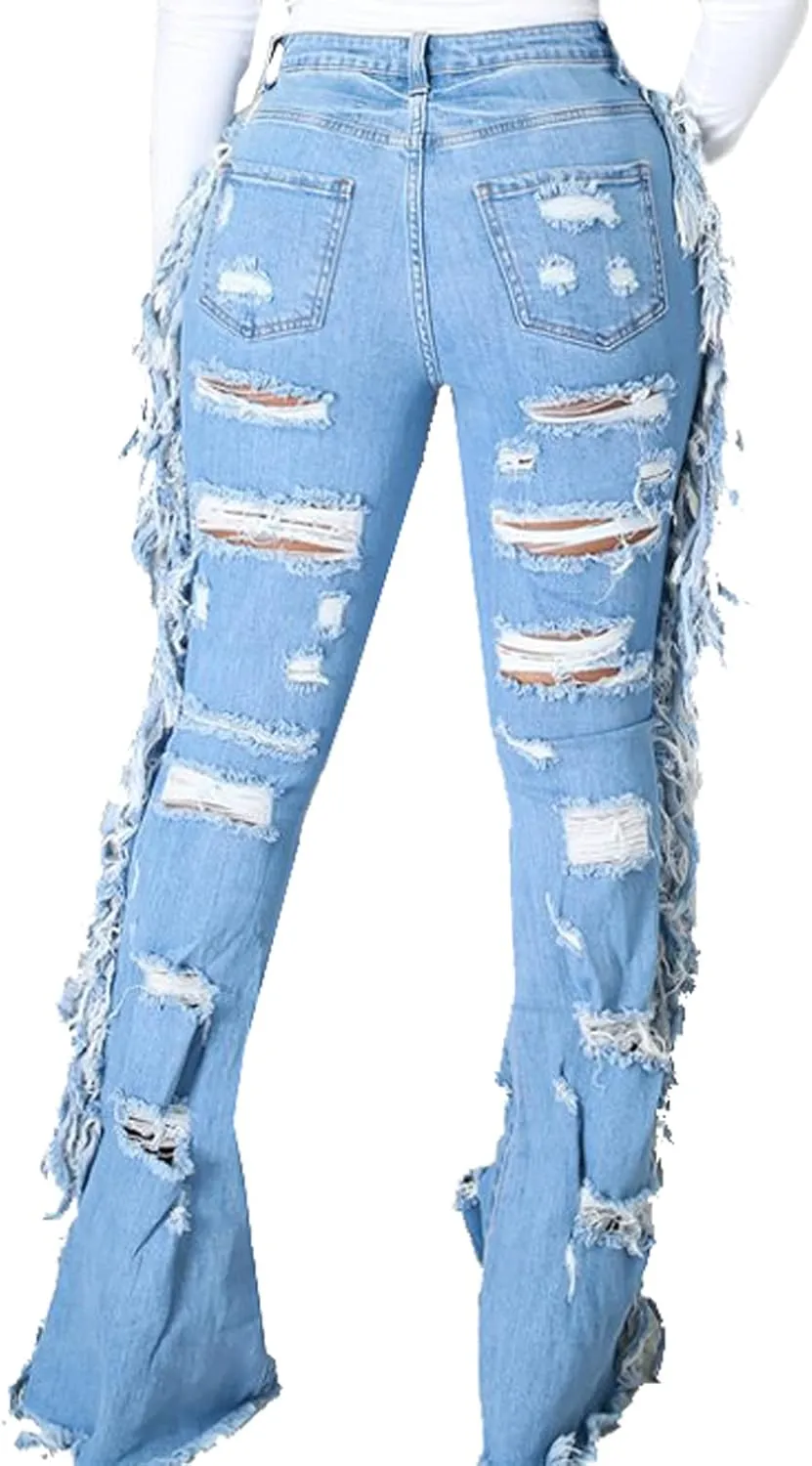 SeNight Women Bell Bottom Jeans Elastic Waist Ripped Flared Jean Destroyed Raw Hem Denim Pants