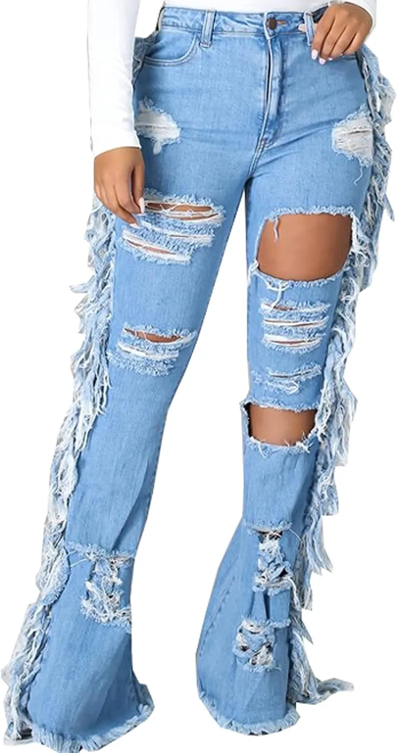 SeNight Women Bell Bottom Jeans Elastic Waist Ripped Flared Jean Destroyed Raw Hem Denim Pants