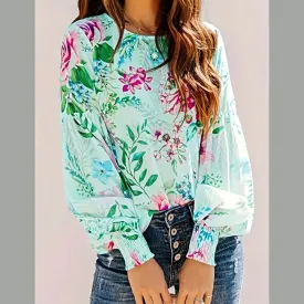 Smocked Printed Round Neck Lantern Sleeve Blouse