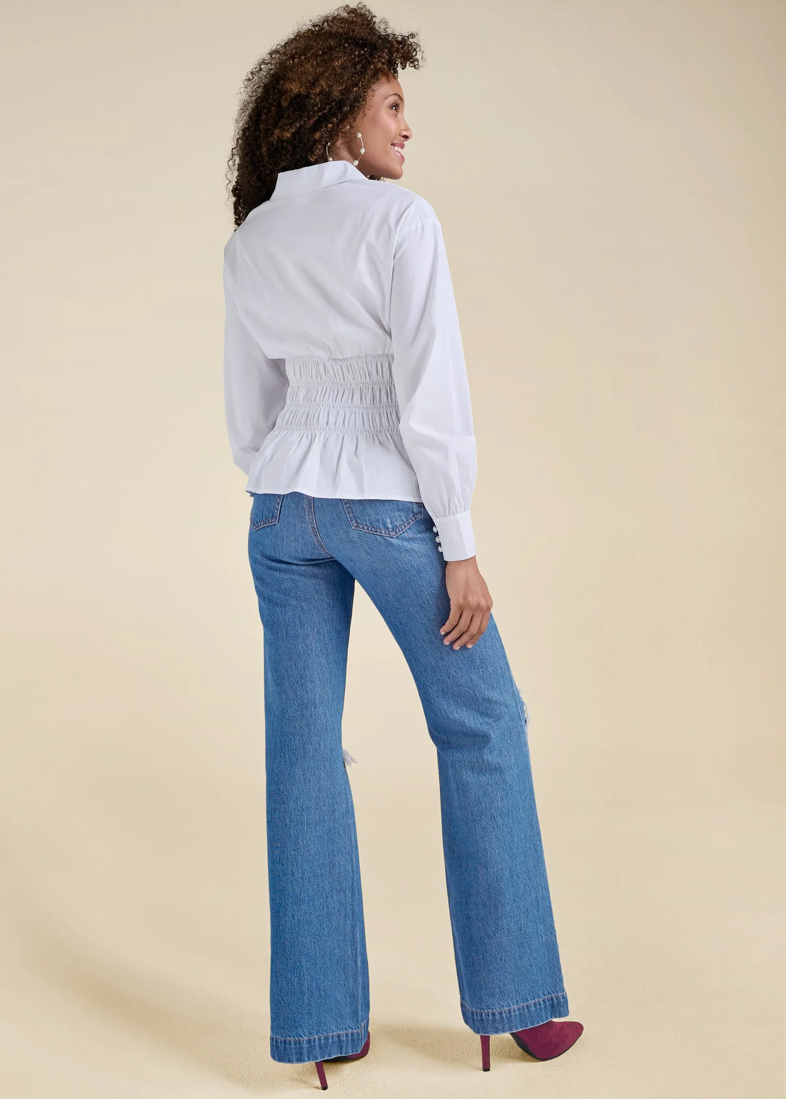 Smocked Waist Peplum Blouse - White