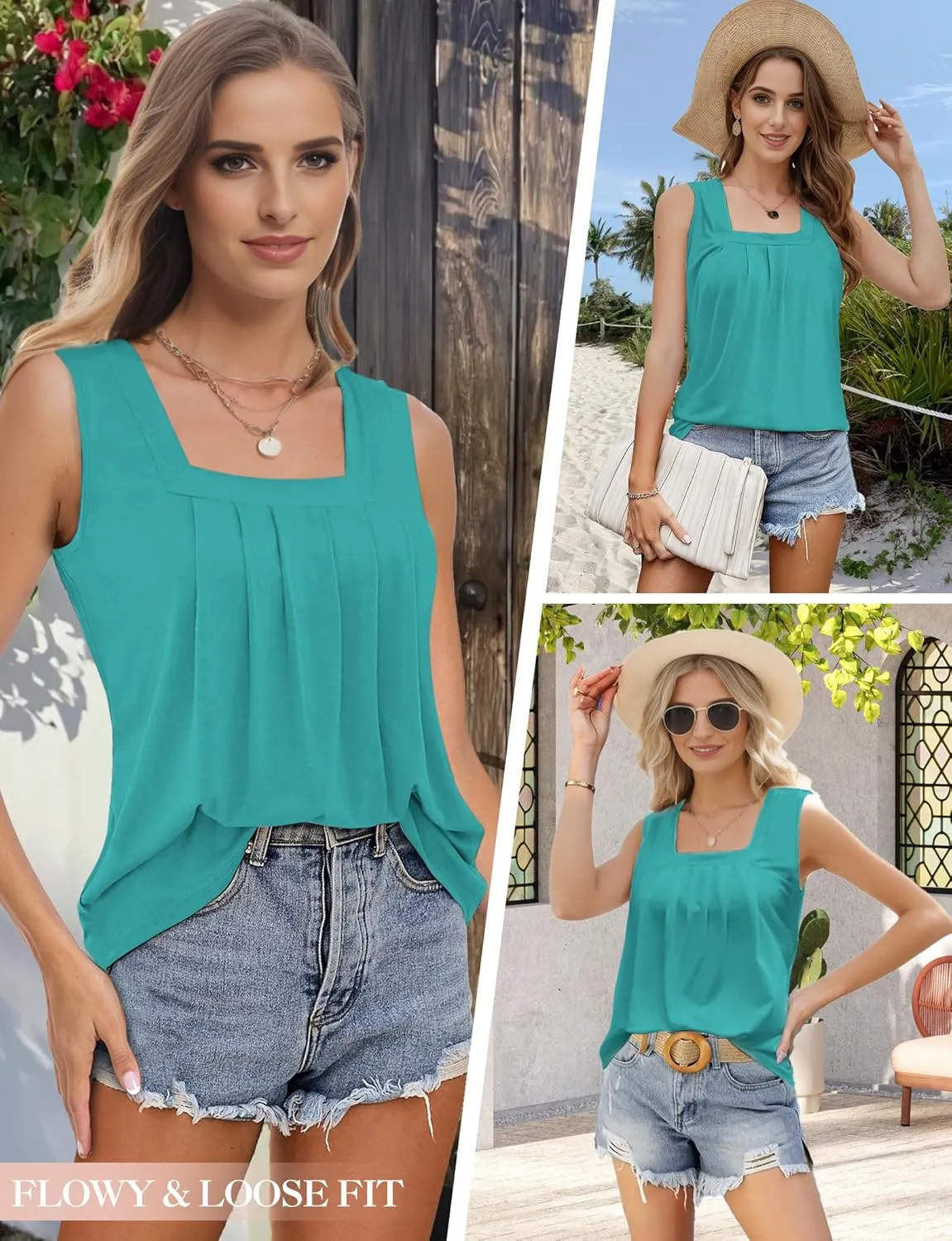 Tank Tops for Women Summer, Loose Fit Pleated Square Neck Sleeveless Tops Flowy Blouse Going Out Tops Basic Shirts