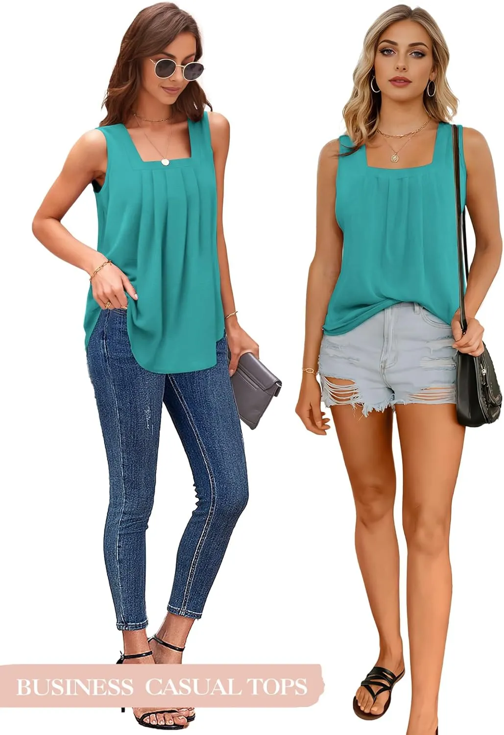 Tank Tops for Women Summer, Loose Fit Pleated Square Neck Sleeveless Tops Flowy Blouse Going Out Tops Basic Shirts