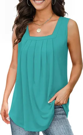 Tank Tops for Women Summer, Loose Fit Pleated Square Neck Sleeveless Tops Flowy Blouse Going Out Tops Basic Shirts