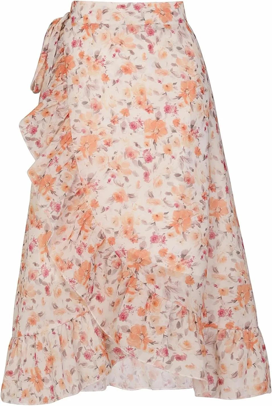 ThCreasa Womens Boho Floral Print High Waisted Wrap Skirts Ruffle Hem Tie Knot Summer Chiffon Flowy Midi Skirts