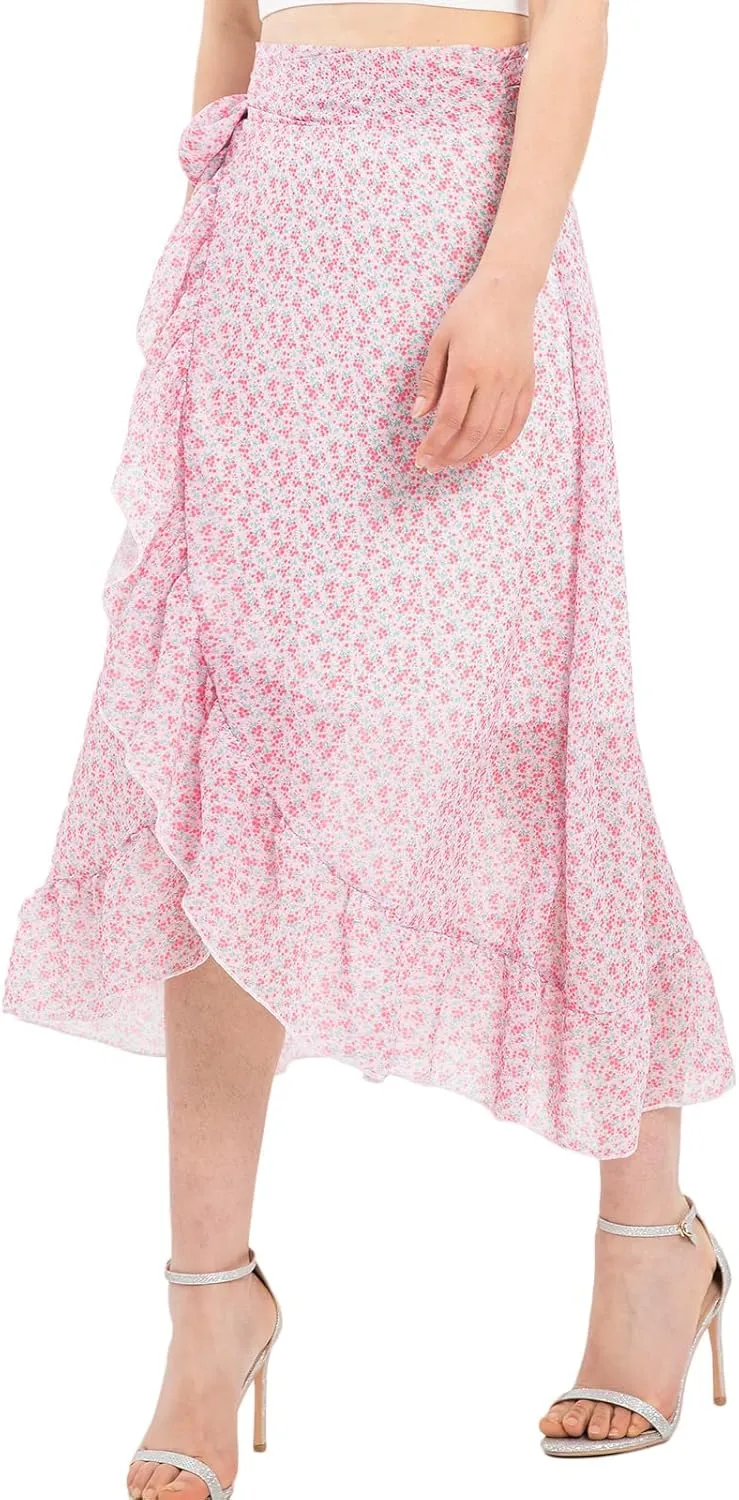ThCreasa Womens Boho Floral Print High Waisted Wrap Skirts Ruffle Hem Tie Knot Summer Chiffon Flowy Midi Skirts