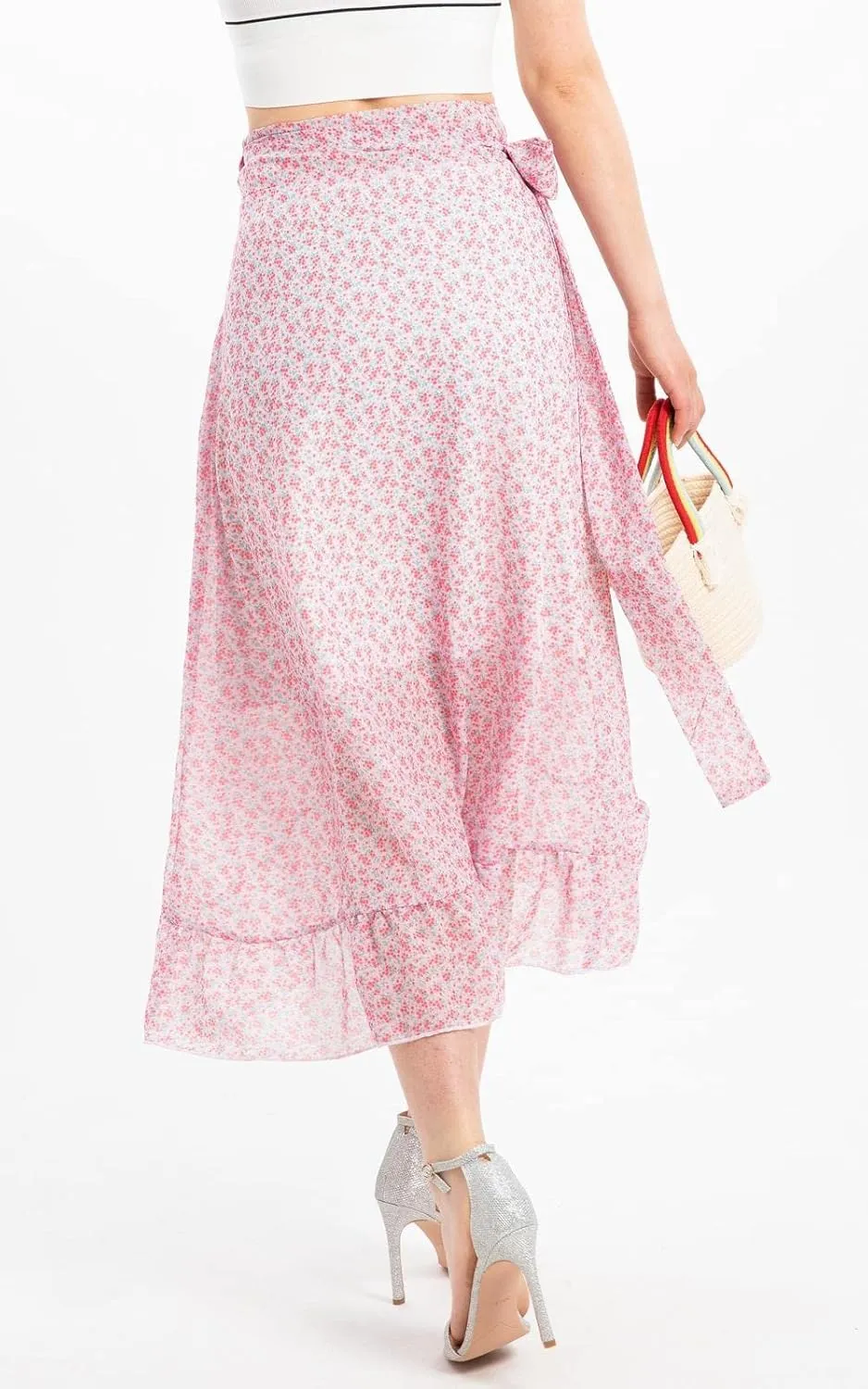 ThCreasa Womens Boho Floral Print High Waisted Wrap Skirts Ruffle Hem Tie Knot Summer Chiffon Flowy Midi Skirts