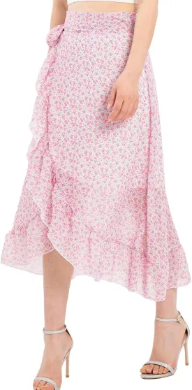ThCreasa Womens Boho Floral Print High Waisted Wrap Skirts Ruffle Hem Tie Knot Summer Chiffon Flowy Midi Skirts