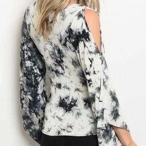 Tie-Die Flared Sleeve Top Gray