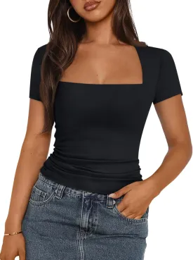 Trendy Queen Women's Square Neck Tops Short Sleeve Shirts Double Lined Workout Summer Clothes Casual Slim Fit T-Shirts