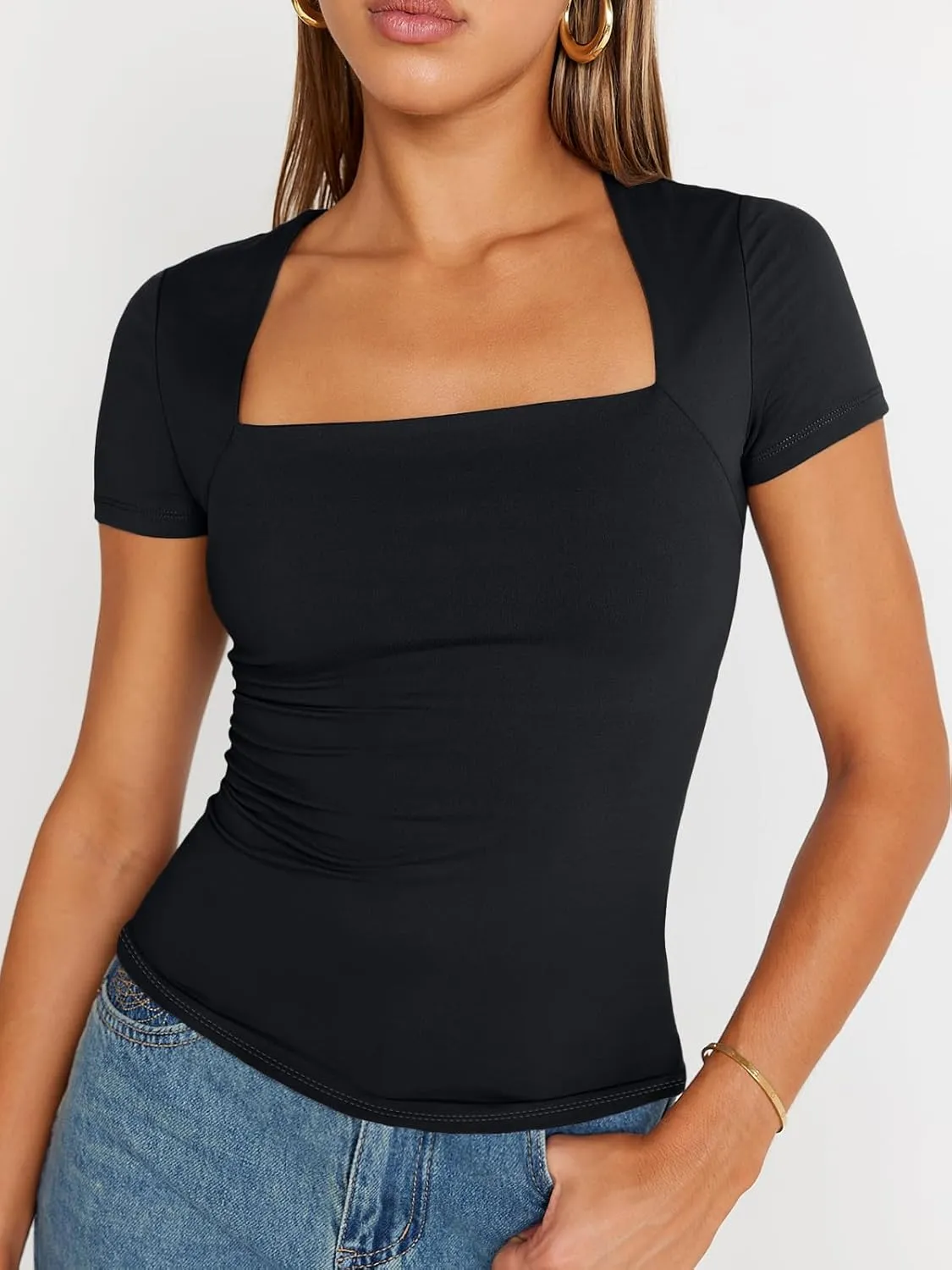 Trendy Queen Women's Square Neck Tops Short Sleeve Shirts Double Lined Workout Summer Clothes Casual Slim Fit T-Shirts