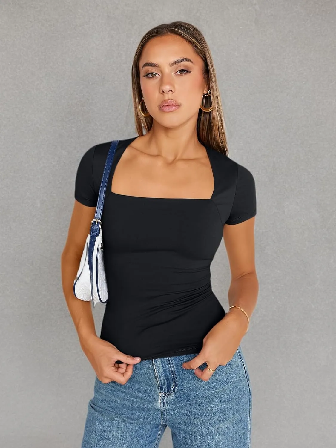 Trendy Queen Women's Square Neck Tops Short Sleeve Shirts Double Lined Workout Summer Clothes Casual Slim Fit T-Shirts