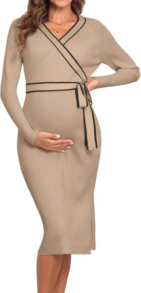 V FOR CITY Maternity Sweater Dress Long Sleeve Wrap V Neck Knit Pregnancy Dresses for Baby Shower Photoshoot Outfits