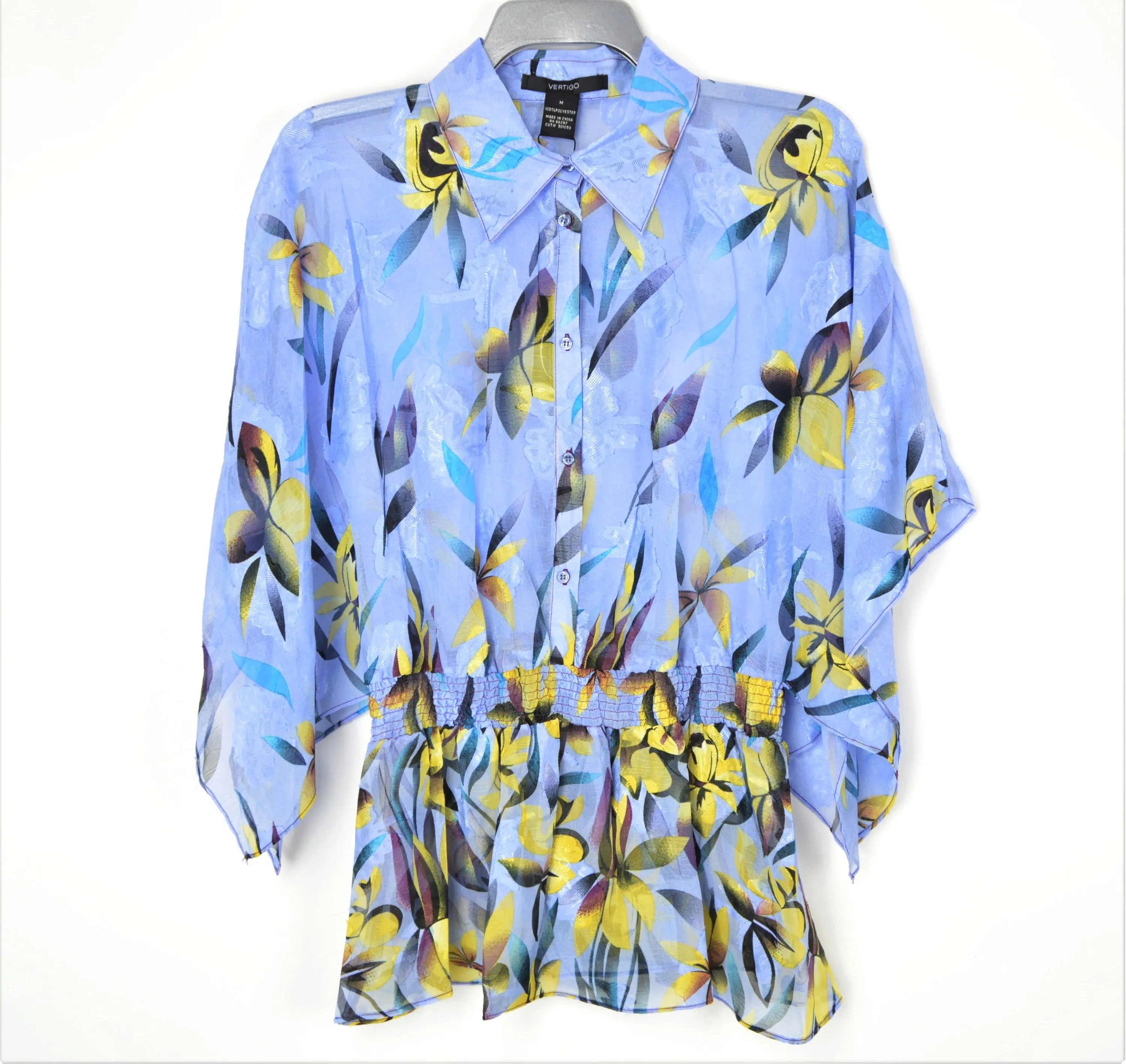 Vertigo Women's Floral Print Smocked Waist Kimono Sleeve Button Front Chiffon Blouse