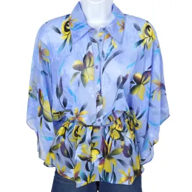 Vertigo Women's Floral Print Smocked Waist Kimono Sleeve Button Front Chiffon Blouse