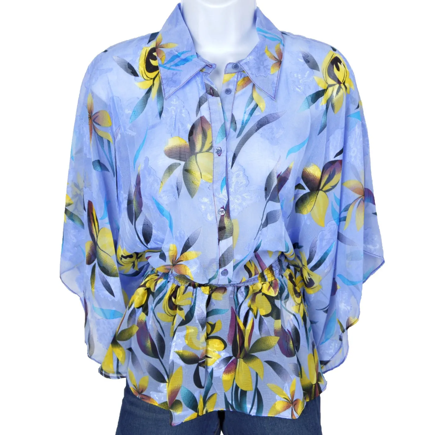 Vertigo Women's Floral Print Smocked Waist Kimono Sleeve Button Front Chiffon Blouse