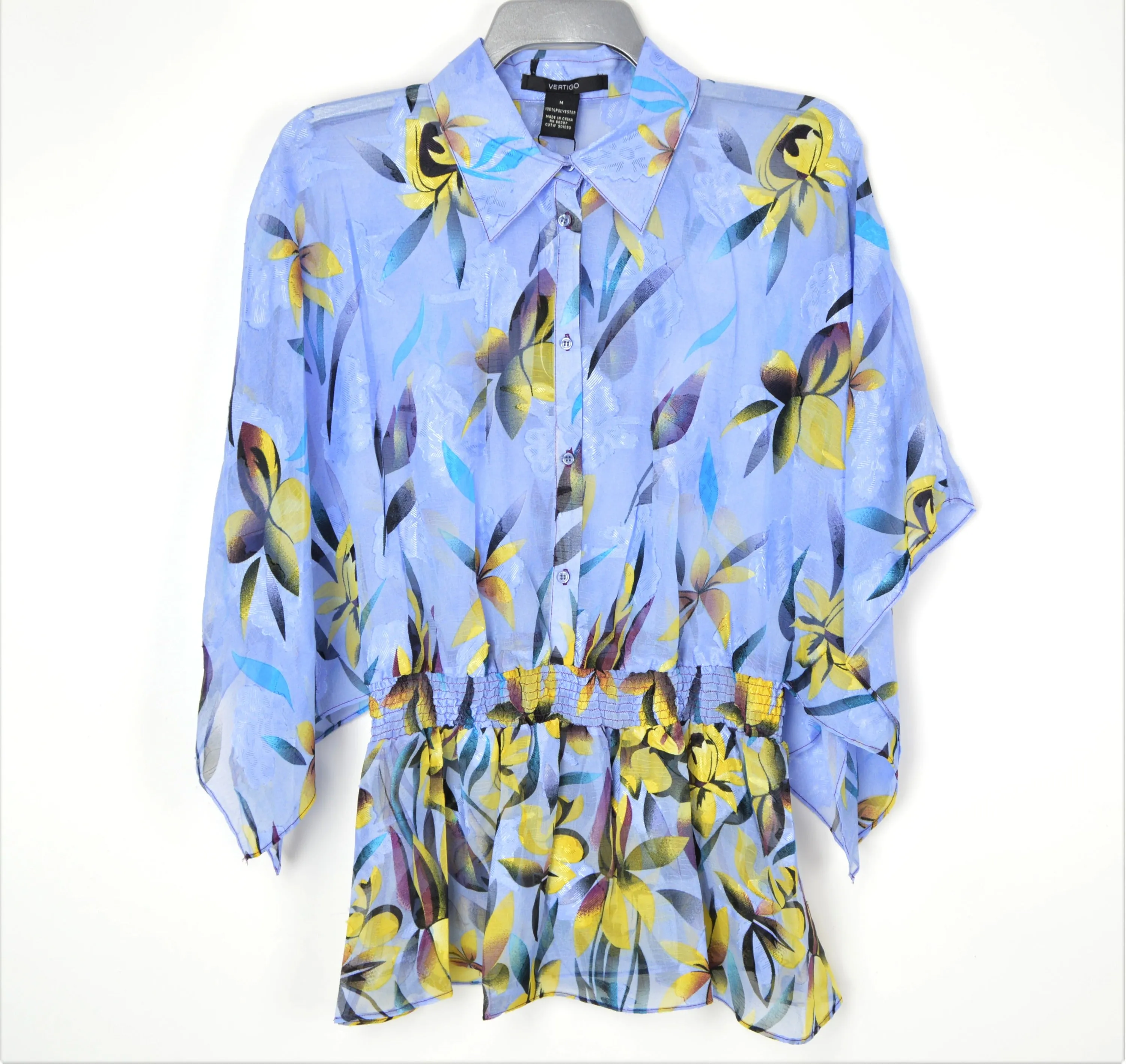 Vertigo Women's Floral Print Smocked Waist Kimono Sleeve Button Front Chiffon Blouse