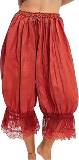Women Lace Trim Long Bloomers Elastic Mid Rise Ruffle Victorian Pantaloons Cropped Pjs Slips Pants Pajama Bottoms