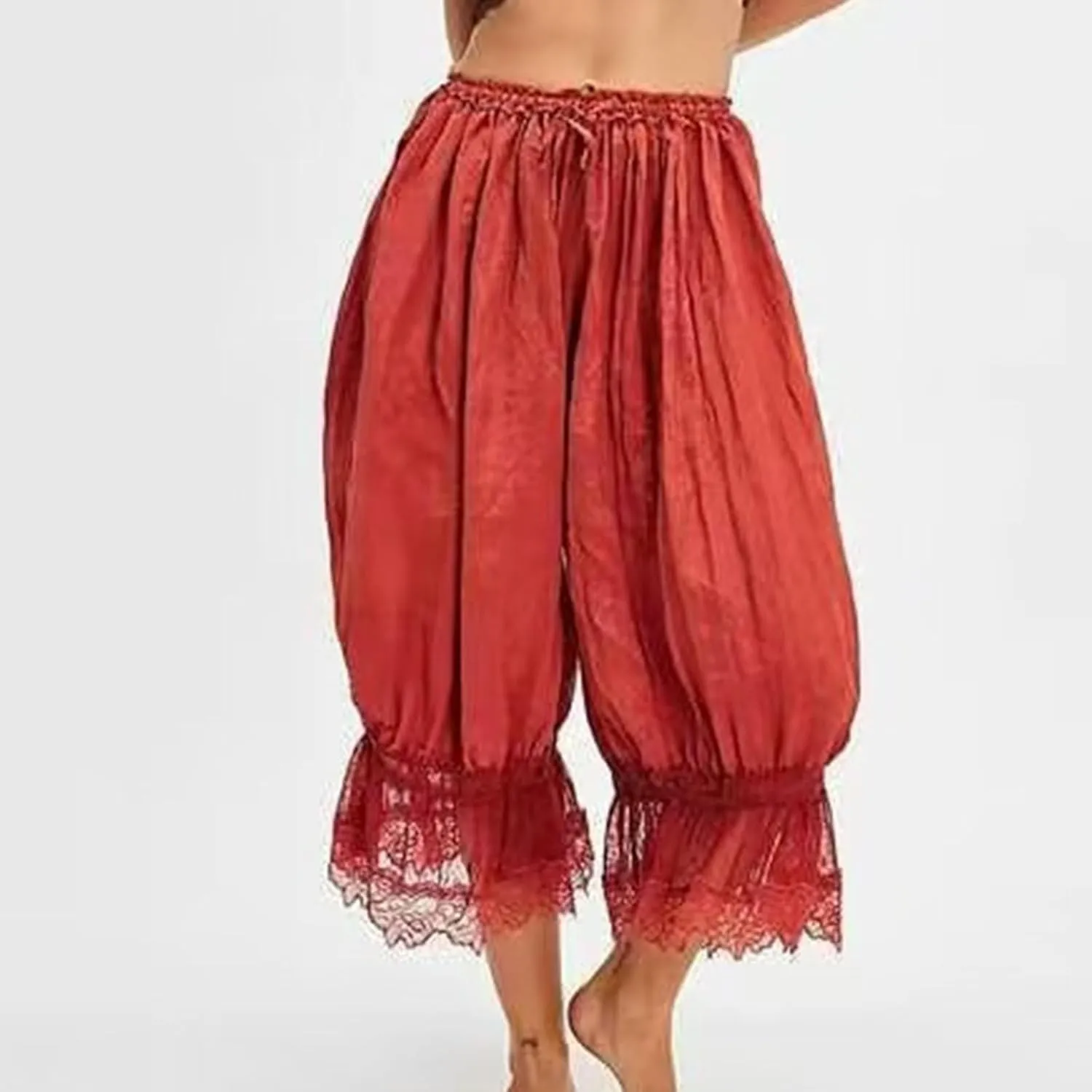 Women Lace Trim Long Bloomers Elastic Mid Rise Ruffle Victorian Pantaloons Cropped Pjs Slips Pants Pajama Bottoms