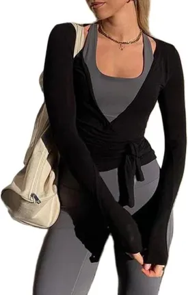 Women Tie Wrap Top Sexy Deep V Neck Long Sleeve Workout Yoga Shirt Slim Fitted Cross Wrap Bandage Tie Tops