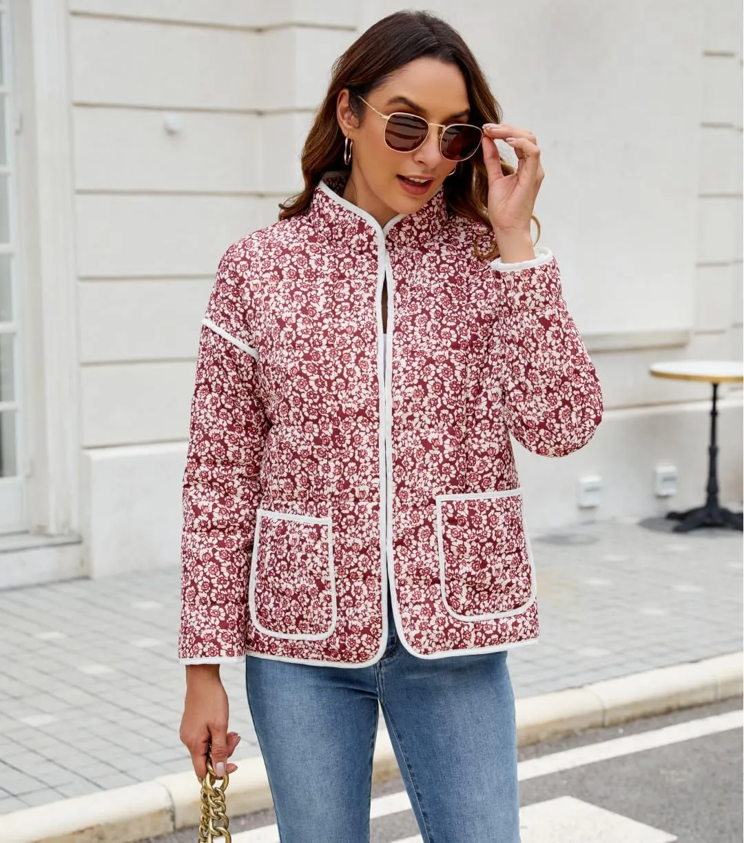 Women's Cropped Floral Quilted Jacket Lightweight Open Front Padded Puffer Coat