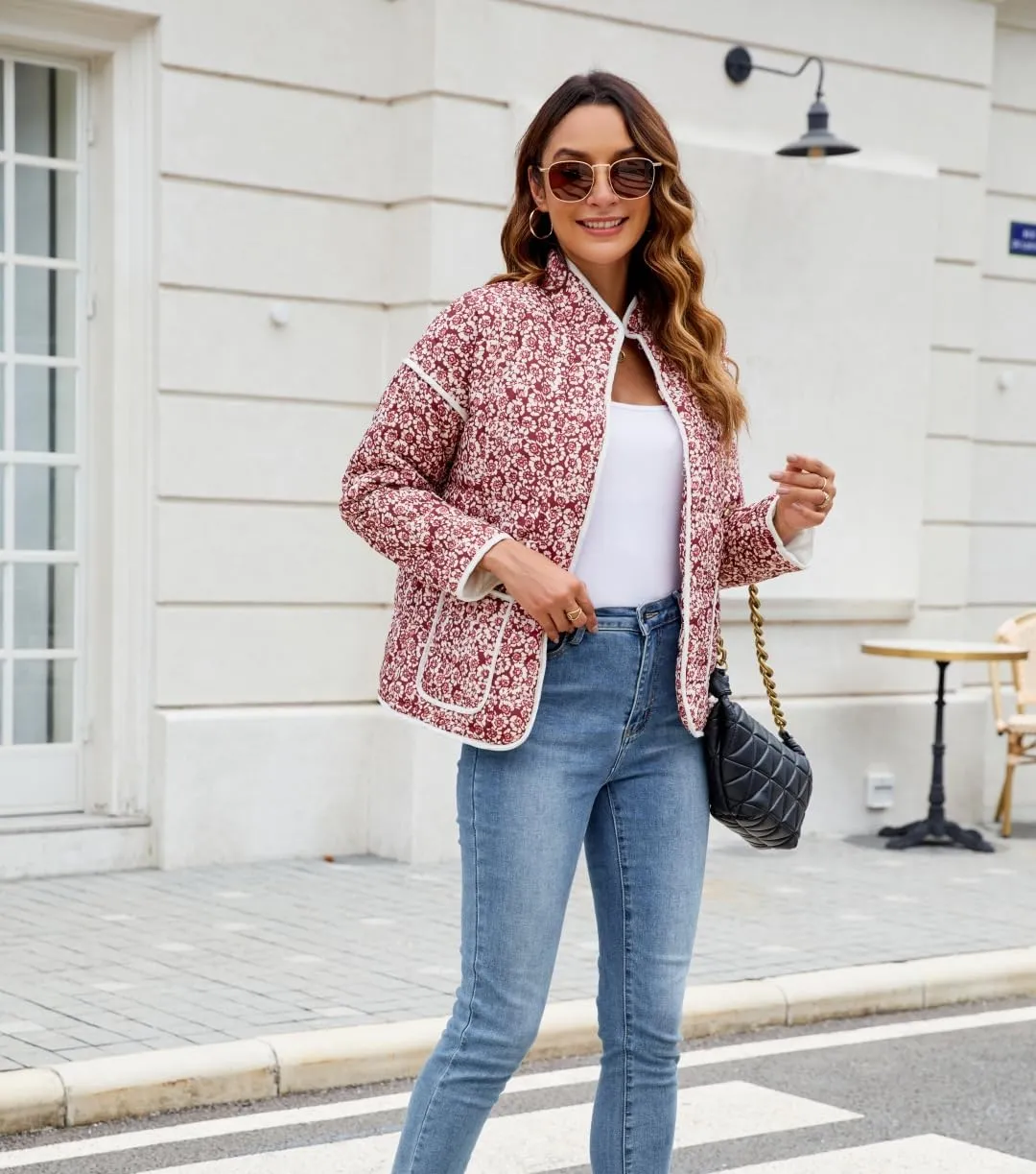 Women's Cropped Floral Quilted Jacket Lightweight Open Front Padded Puffer Coat