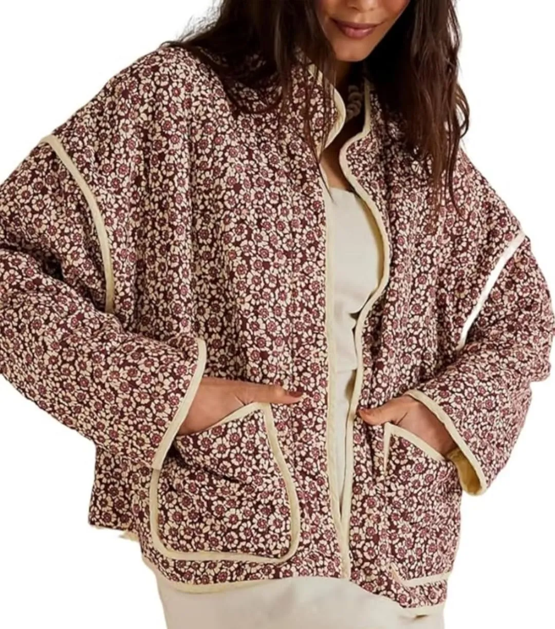 Women's Cropped Floral Quilted Jacket Lightweight Open Front Padded Puffer Coat