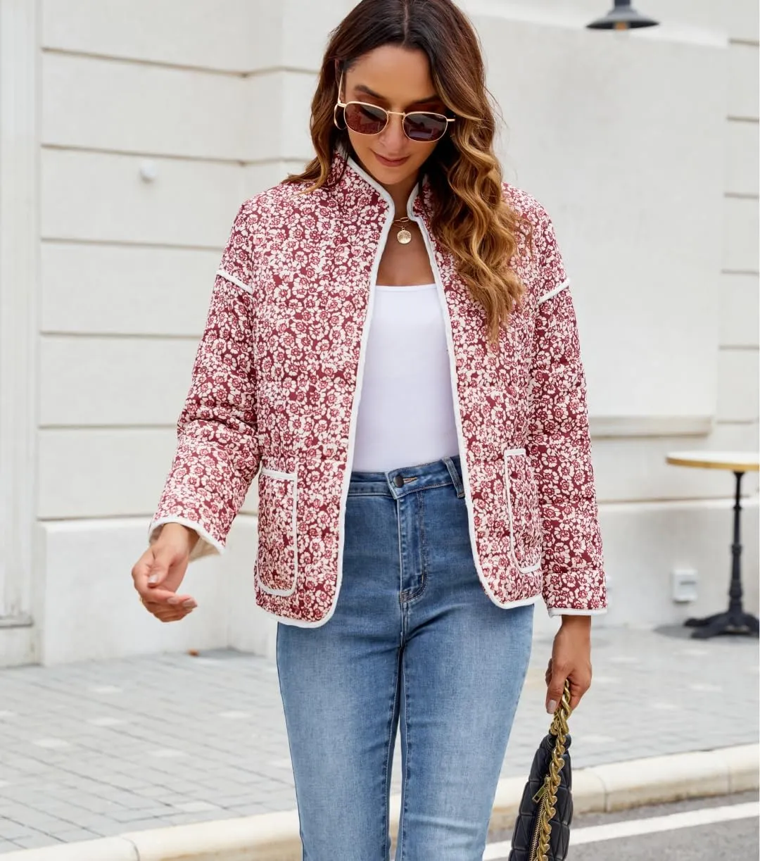 Women's Cropped Floral Quilted Jacket Lightweight Open Front Padded Puffer Coat