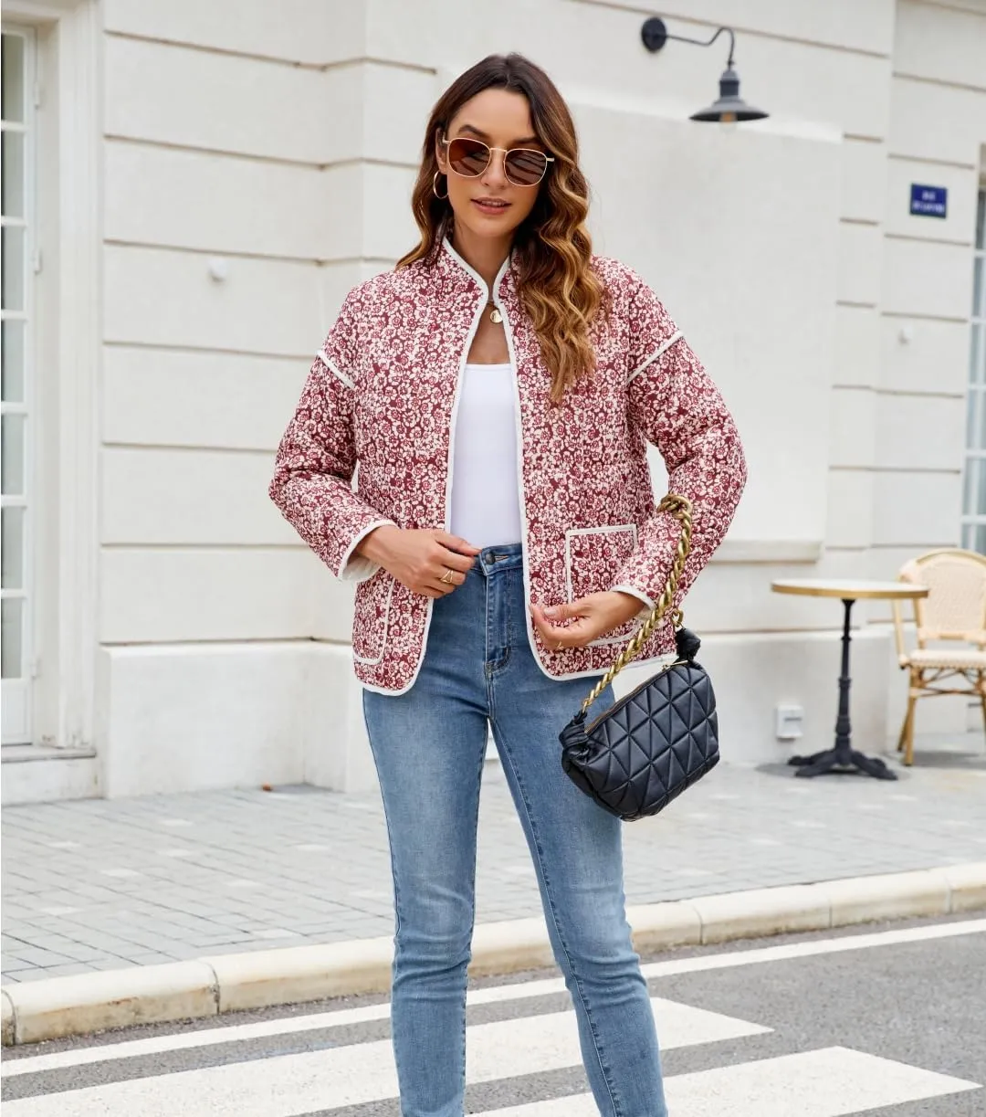 Women's Cropped Floral Quilted Jacket Lightweight Open Front Padded Puffer Coat