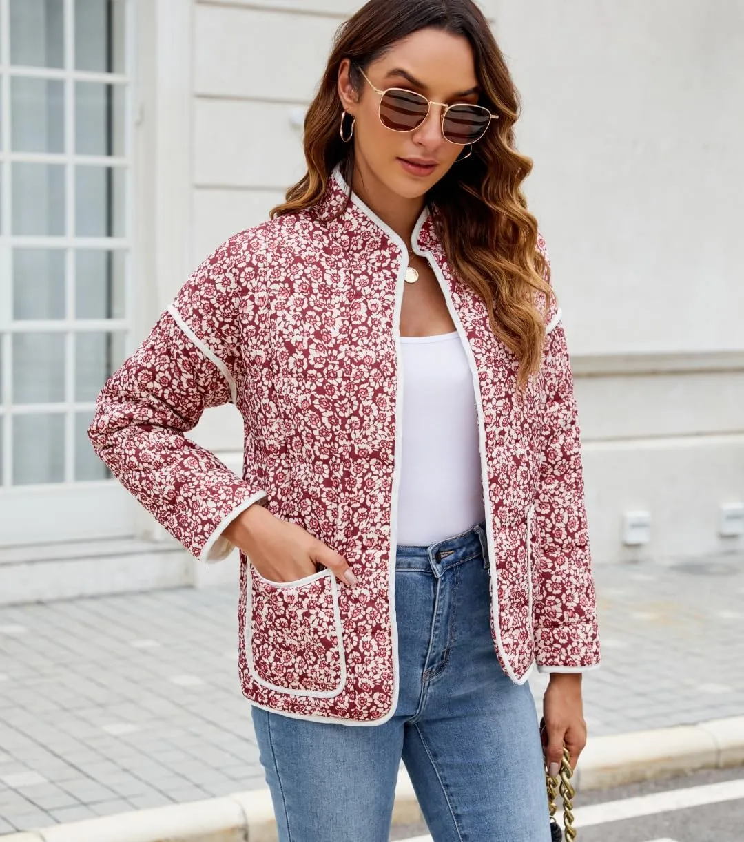 Women's Cropped Floral Quilted Jacket Lightweight Open Front Padded Puffer Coat