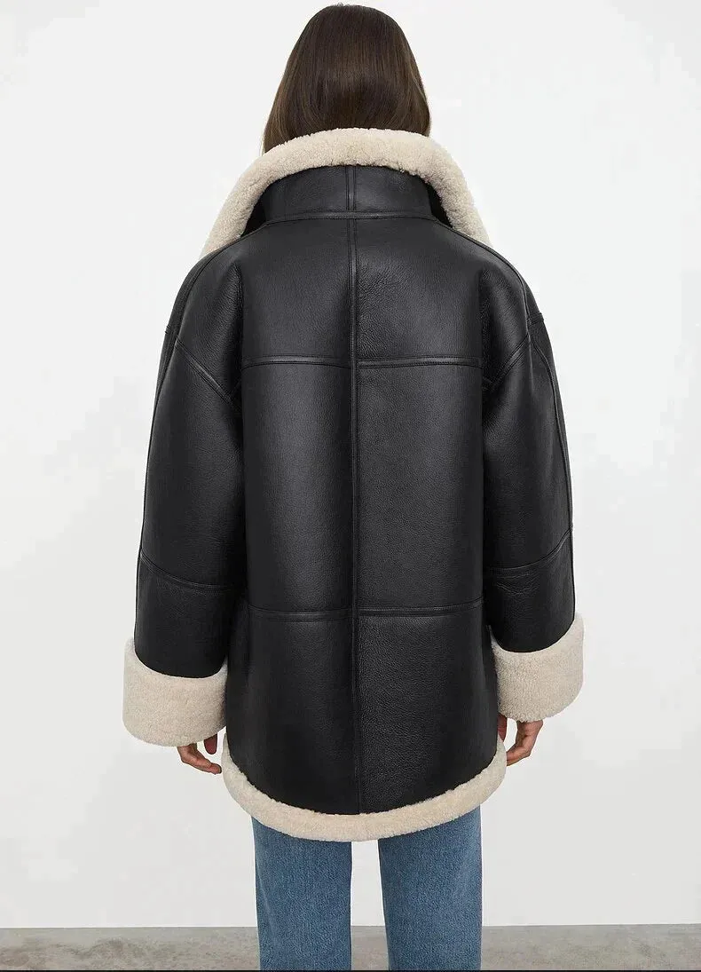Women's Elegant Black Oversize Vegan Leather Winter Coat with Faux Fur | Ideal for Autumn/Winter