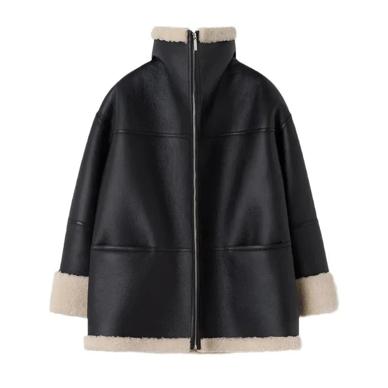 Women's Elegant Black Oversize Vegan Leather Winter Coat with Faux Fur | Ideal for Autumn/Winter
