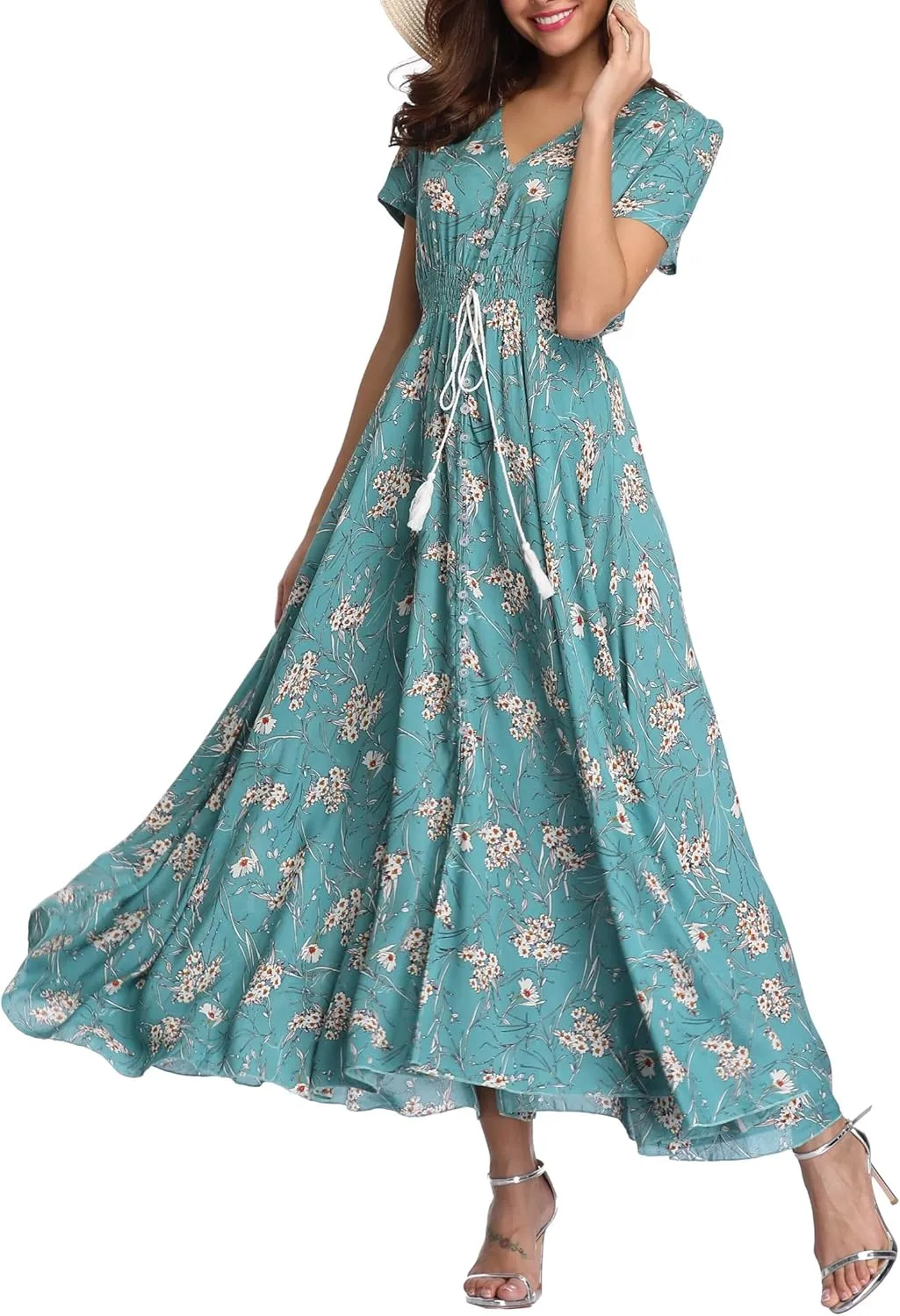 Women's Floral Maxi Dresses Casual Long Summer Boho Beach Dress Short Sleeve Button Up Split Party Dress