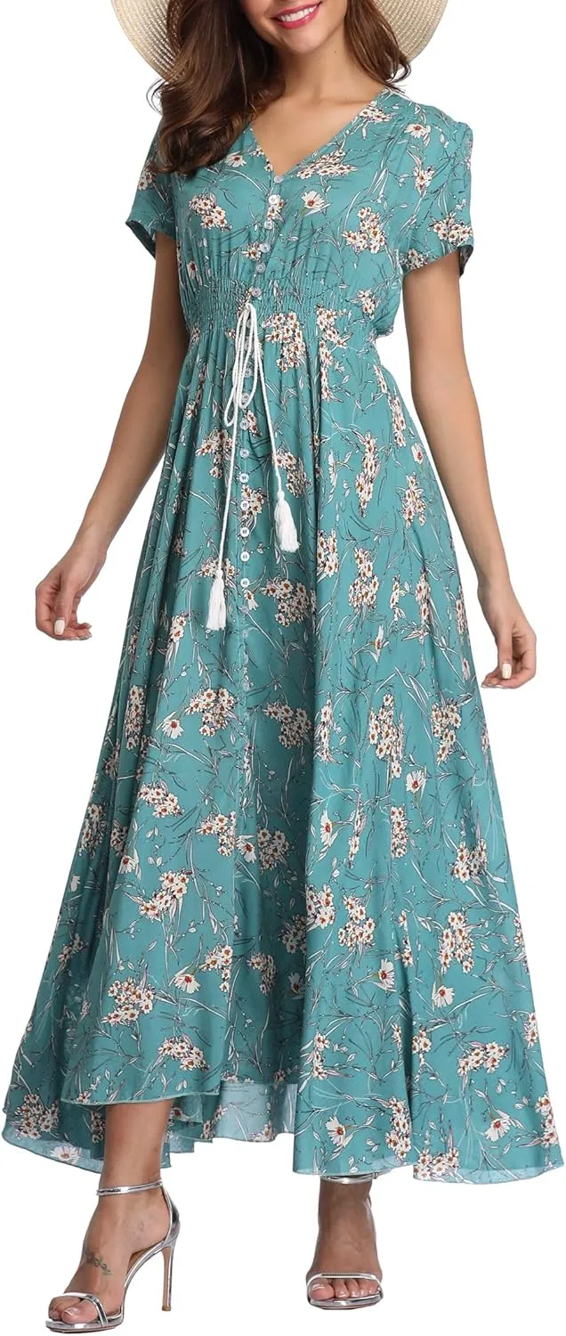 Women's Floral Maxi Dresses Casual Long Summer Boho Beach Dress Short Sleeve Button Up Split Party Dress