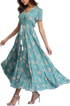 Women's Floral Maxi Dresses Casual Long Summer Boho Beach Dress Short Sleeve Button Up Split Party Dress