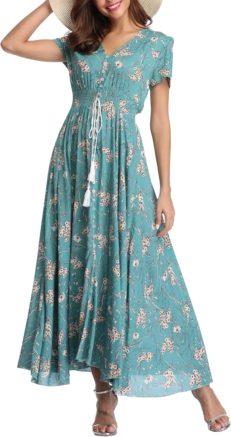 Women's Floral Maxi Dresses Casual Long Summer Boho Beach Dress Short Sleeve Button Up Split Party Dress