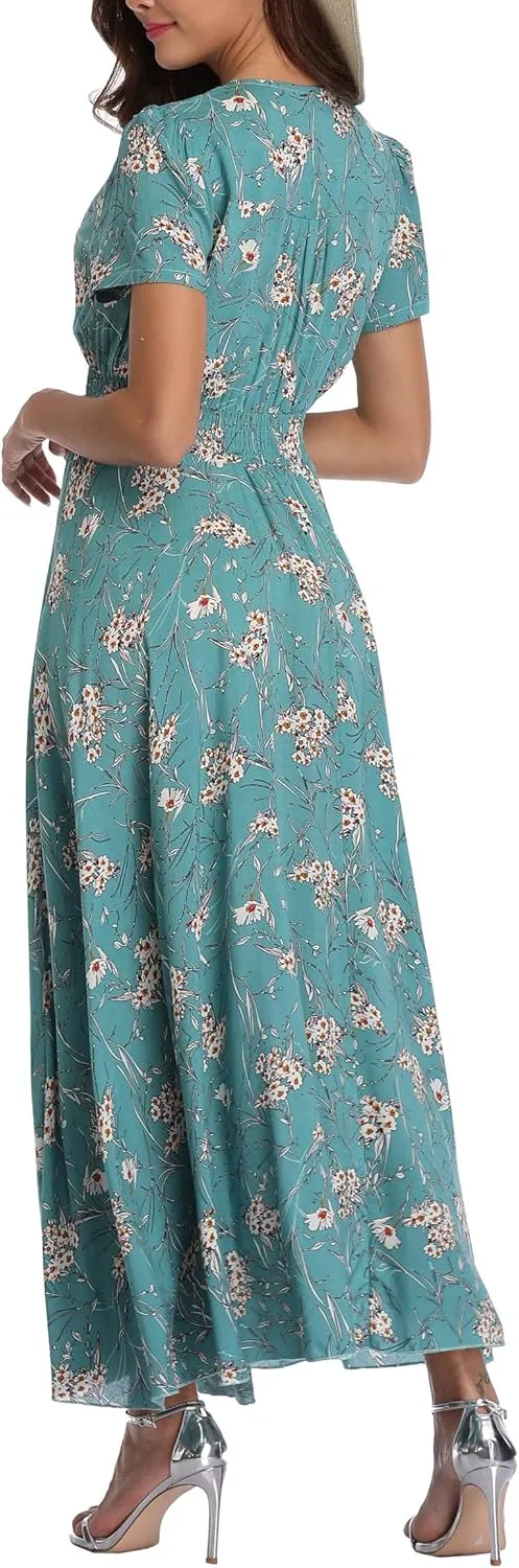 Women's Floral Maxi Dresses Casual Long Summer Boho Beach Dress Short Sleeve Button Up Split Party Dress