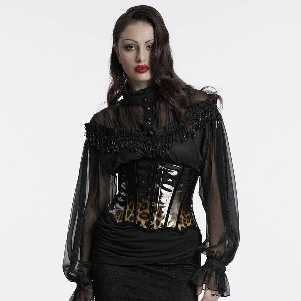 Women's Gothic Leopard Patent Leather Underbust Corset Coffee