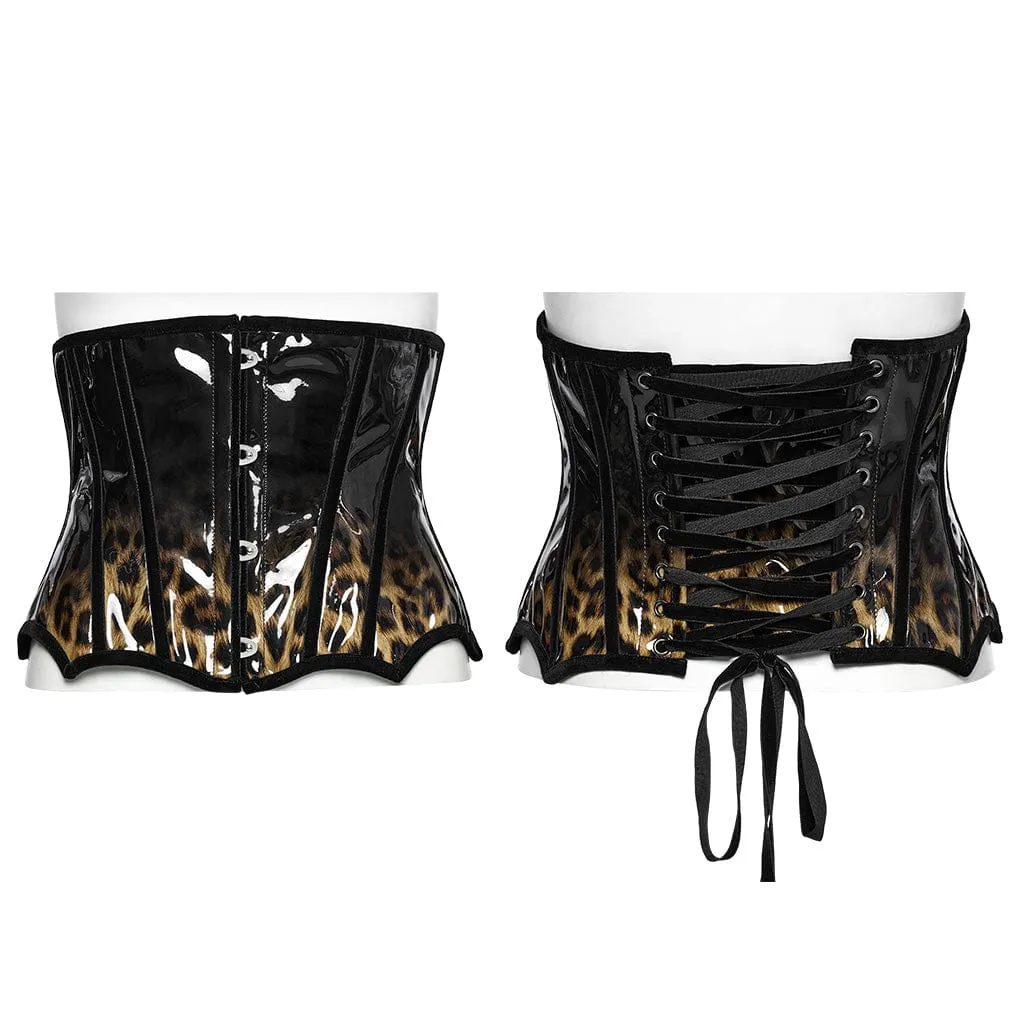 Women's Gothic Leopard Patent Leather Underbust Corset Coffee