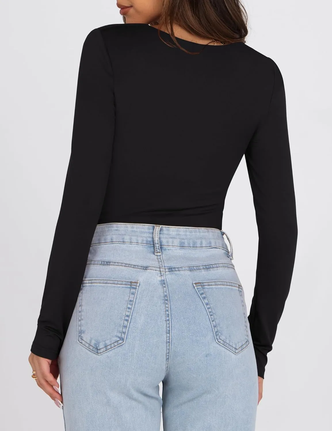 Womens Long Sleeve Shirts 2025 Sexy Ruched Square Neck Tops Trendy Double Lined Fitted Top Blouses Outfits