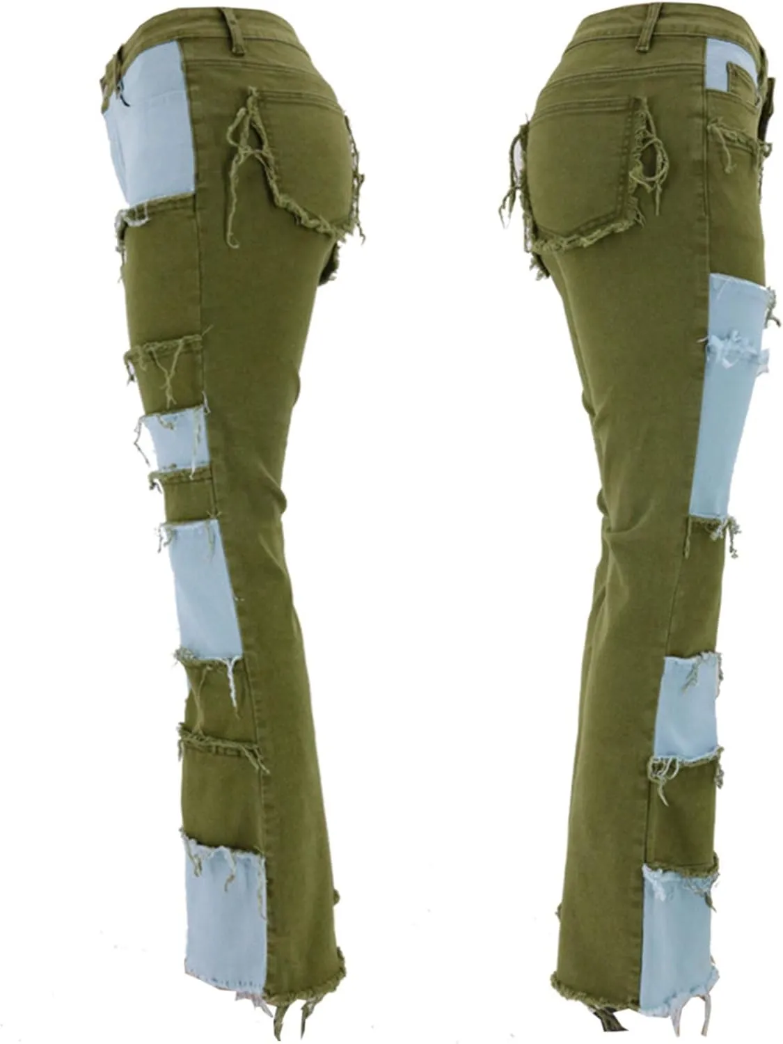 Women's Stylish High Waist Patchwork Jeans Distressed Hippie Vintage Flared Bell Denim Pants