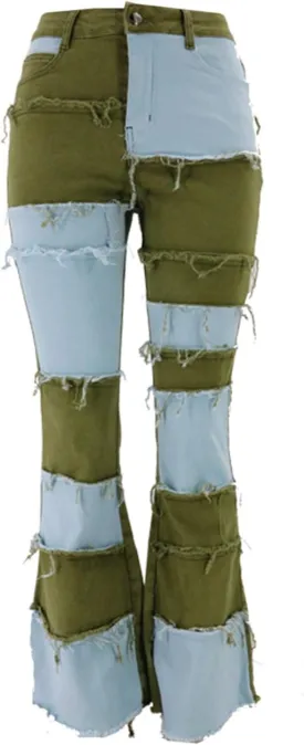 Women's Stylish High Waist Patchwork Jeans Distressed Hippie Vintage Flared Bell Denim Pants