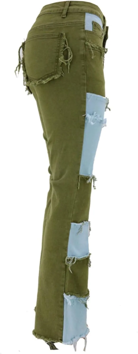 Women's Stylish High Waist Patchwork Jeans Distressed Hippie Vintage Flared Bell Denim Pants