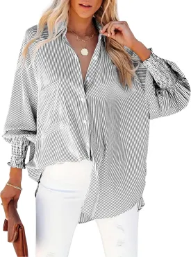 Women's Wrinkle-Resistant Smocked Cuffed Striped Button Shirt with Pocket Oversized Casual Boyfriend Blouse