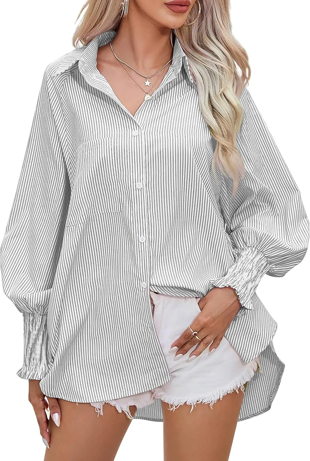 Women's Wrinkle-Resistant Smocked Cuffed Striped Button Shirt with Pocket Oversized Casual Boyfriend Blouse