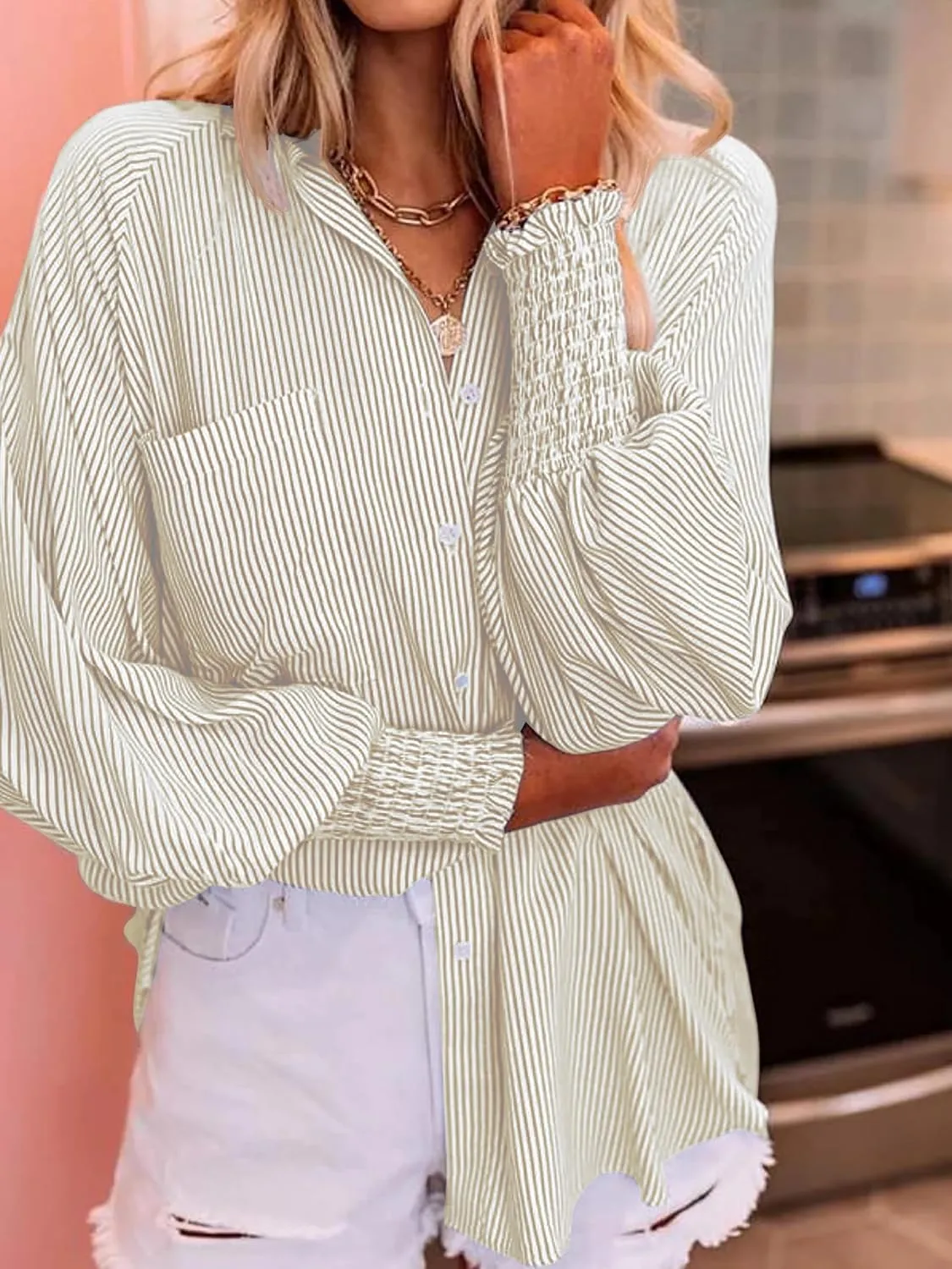Women's Wrinkle-Resistant Smocked Cuffed Striped Button Shirt with Pocket Oversized Casual Boyfriend Blouse